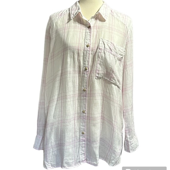 Free People Tops - Free People Pink & White Linen Button Down Shirt